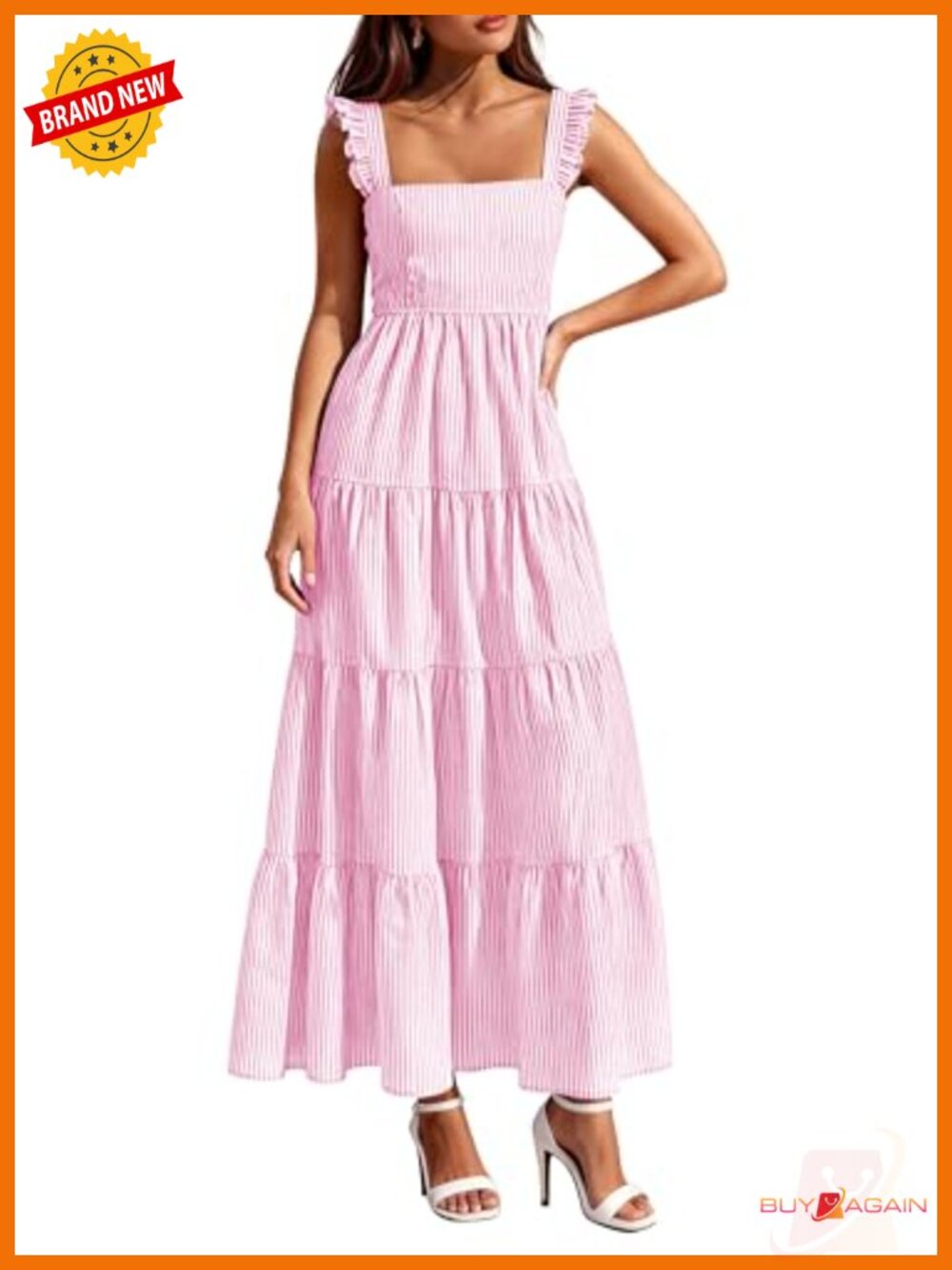 Women's Striped Maxi Dress Square Neck Sleeveless Tiered Ruffle Summer Casual